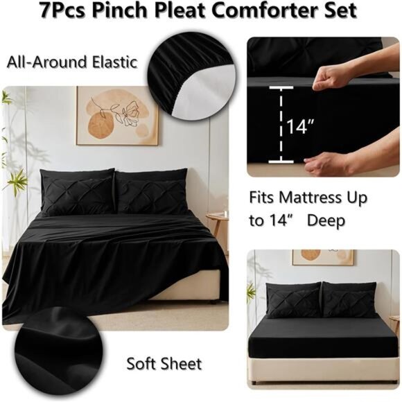 Queen Comforter Set Black, 7 Pieces Pintuck Bed in A Bag,Premium Black Comforter - Picture 5 of 7